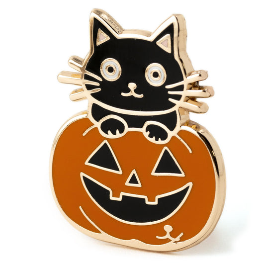 Spooky Black Cat in Pumpkin Halloween Pin