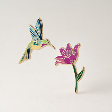 Hummingbird & Pink Lily Flower Enamel Pin