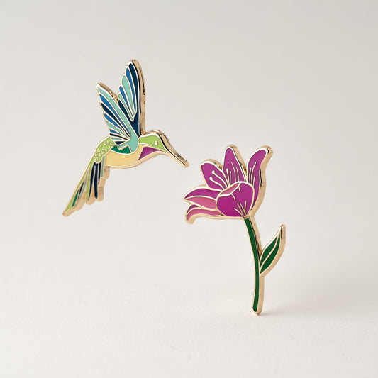 Hummingbird & Pink Lily Flower Enamel Pin