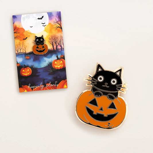 Spooky Black Cat in Pumpkin Halloween Pin