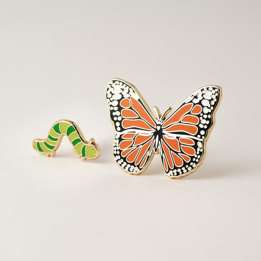 Monarch Butterfly & Caterpillar Enamel Pin - 2 Piece Pin Gift Set